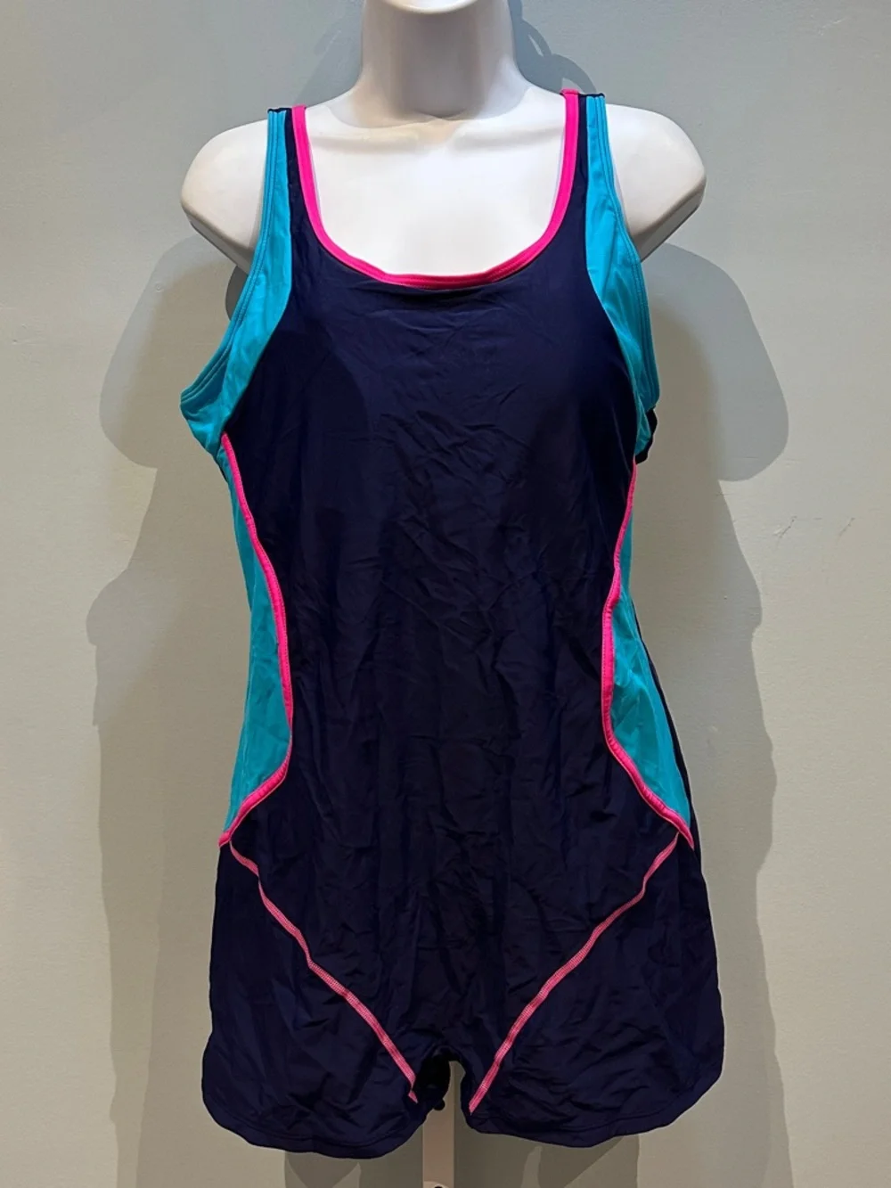 Navy Blue Athletic One-Piece Swim Suit with Turquoise & Pink Accents 2XL NWOT